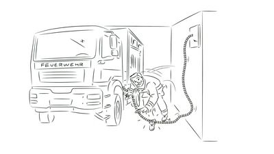 Zeigt ein Feuerwehrauto an der Stromversorgung angeschlossen und einen Kameraden, der über das Stromkabel stolpert