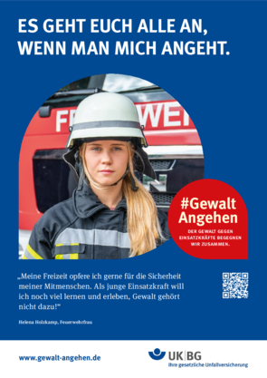 22444 #GewaltAngehen Plakat A3 Einsatzkräfte „Holzkamp“ Poster zur Kampagne #GewaltAngehen mit Feuerwehrfrau, Solgan: Es geht euch alle an, wenn man mich angeht.