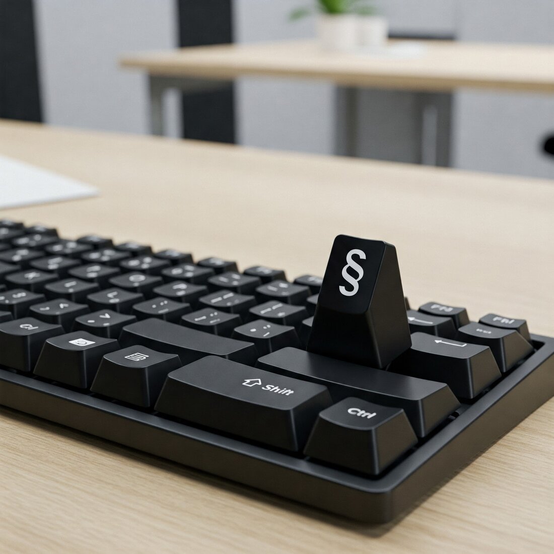 schwarze Tastatur mit einer herausstehenden Taste, auf der ein Paragraphenzeichen ist