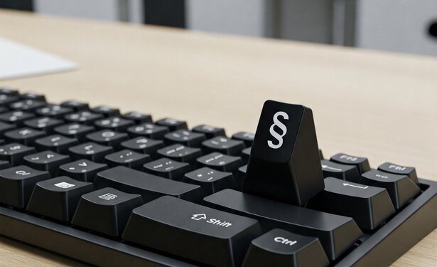 schwarze Tastatur mit einer herausstehenden Taste, auf der ein Paragraphenzeichen ist