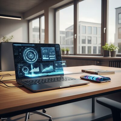 dekoratives Bild: Laptop und Handy auf Schreibtisch